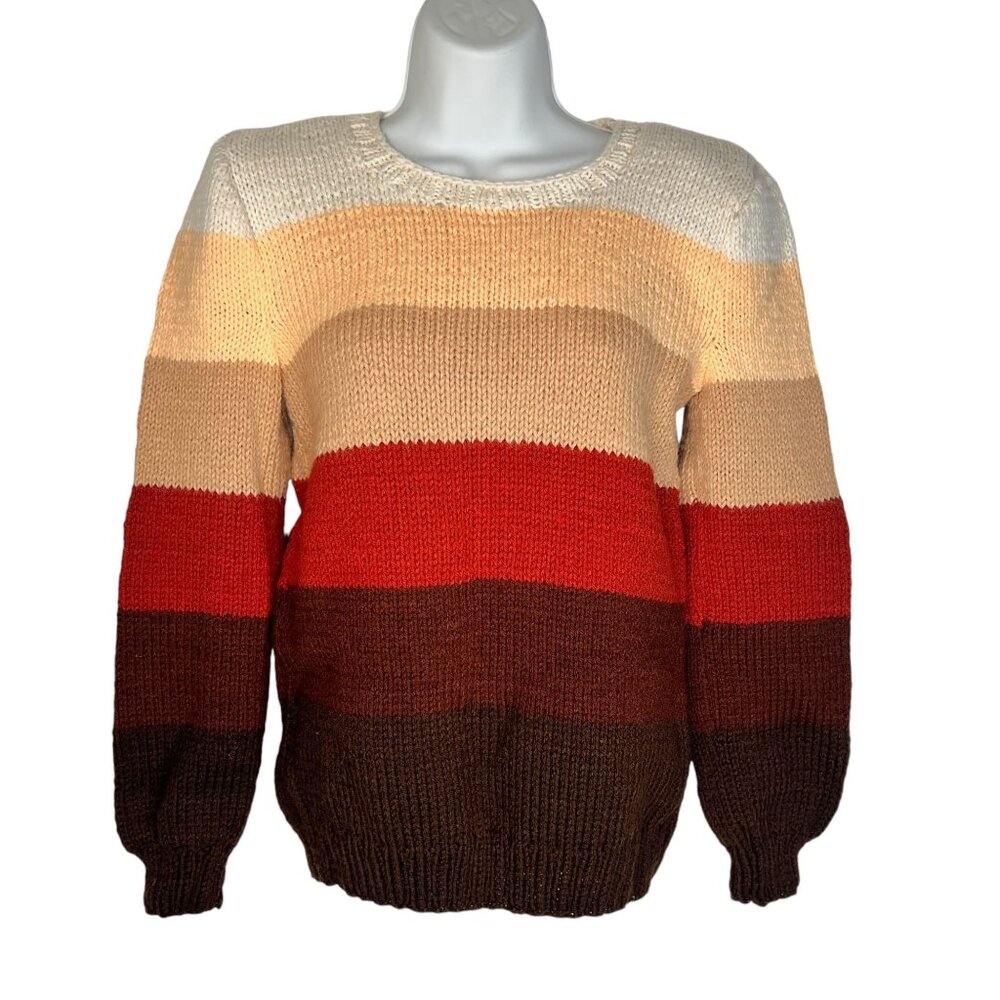 Vintage Hand Knit Sweater Striped Puff Sleeve Warm Gradient Multicolor XS/S